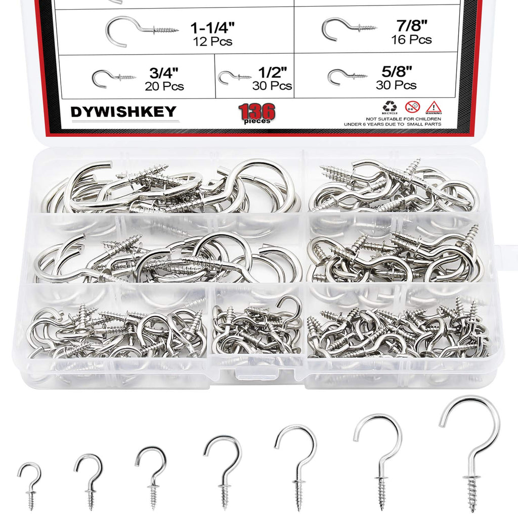 [Australia - AusPower] - Cup Screw Hooks for Hanging, DYWISHKEY 136PCS 7 Sizes Cup Hooks Kit, Nickel Plated Screw-in Cup Hooks for Home, Office and Workplace (1/2", 5/8", 3/4", 7/8", 1'', 1-1/4", 1-1/2") Silver 