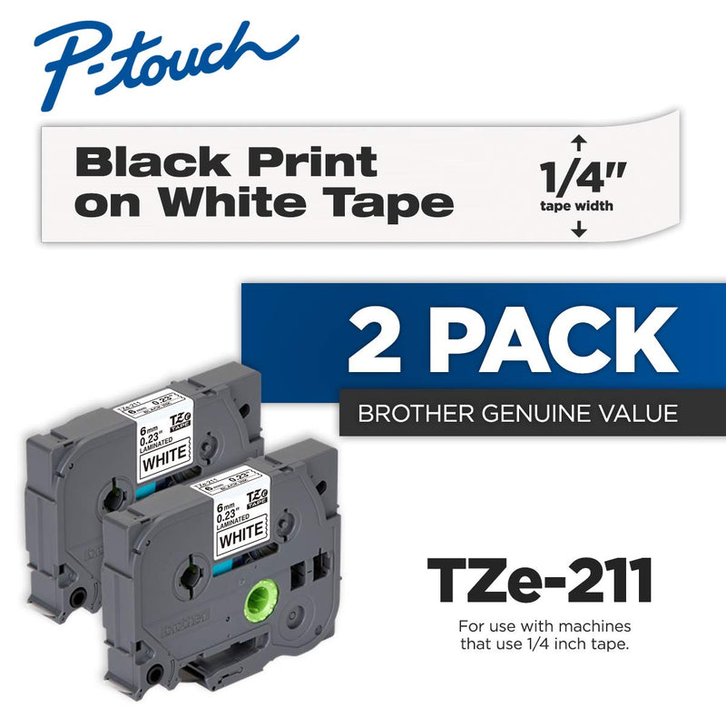 [Australia - AusPower] - Brother Genuine P-Touch 2-Pack TZe-211 Laminated Tape, Black Print on White Standard Adhesive Laminated Tape for P-Touch Label Makers, Each Roll is 0.23"/6mm (1/4") Wide, 26.2 (8M) Long 