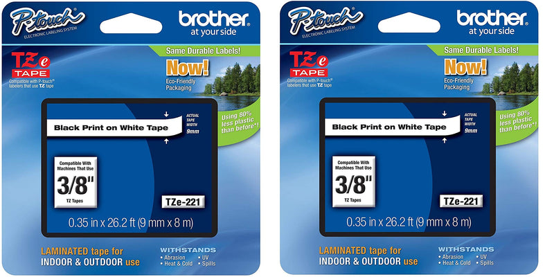[Australia - AusPower] - Brother Genuine P-Touch 2-Pack TZe-221 Laminated Tape, Black Print on White Standard Adhesive Laminated Tape for P-Touch Label Makers, Each Roll is 0.35"/9mm (~ 3/8") Wide, 26.2 (8M) Long 