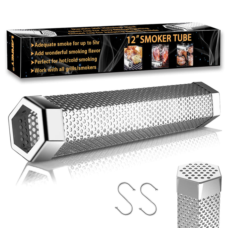 [Australia - AusPower] - Pellet Smoker Tube - 12'' Smoke Tube for Pellet Smoker Grill, Stainless Steel Pellet Tube for Smoking Portable Barbecue Cold Smoke Generator Works with Electric Gas Charcoal Grilling, Bonus Brush Hexagon Tube+2Hooks 