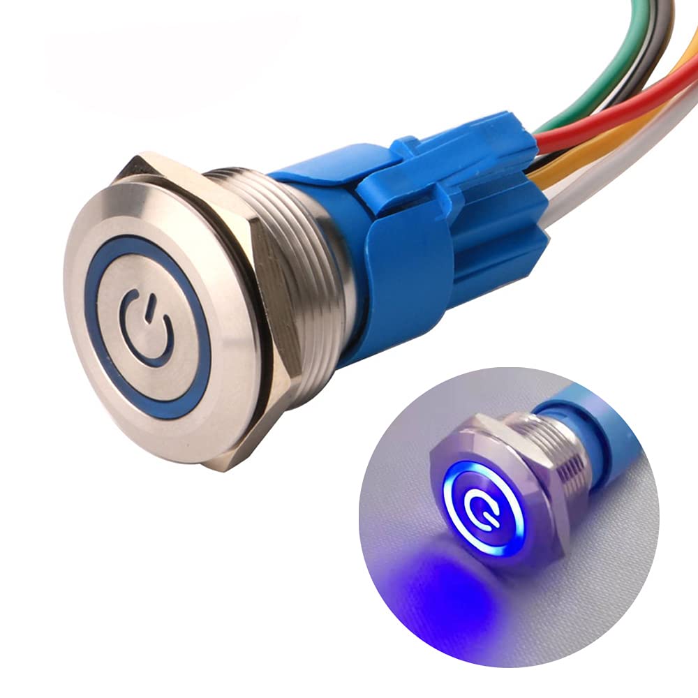[Australia - AusPower] - Gebildet 0.87''/22mm Stainless Steel Latching Push Button Switch 12V-24V/5A Power Symbol LED 1NO1NC SPDT ON Off Waterproof Toggle Switch with Wire Socket Plug (Blue LED) blue /12-24V 