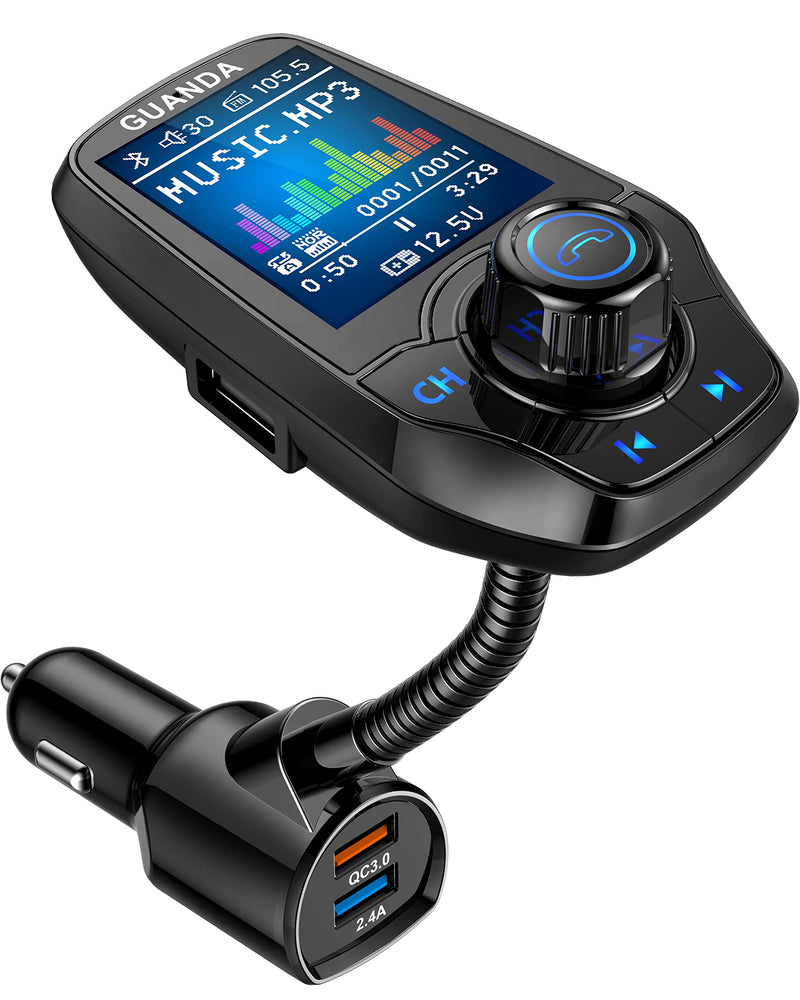 [Australia - AusPower] - Bluetooth FM Transmitter in-Car Wireless Radio Adapter Kit W 1.8" Color Display Hands-Free Call AUX in/Out SD/TF Card USB Charger QC3.0 for All Smartphones Audio Players - RM100 Black Large Port-USB A 