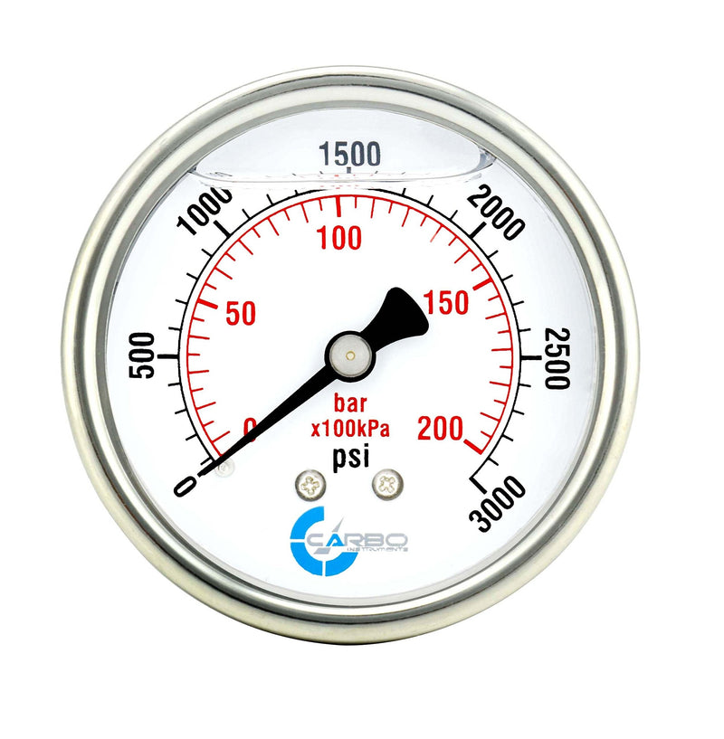 [Australia - AusPower] - CARBO Instruments 2 1-2" Pressure Gauge, Stainless Steel Case, Chrome Plated Brass Connection, Lqiuid Filled, 0-3000 psi/kPa, Back Mount 1/4" NPT 