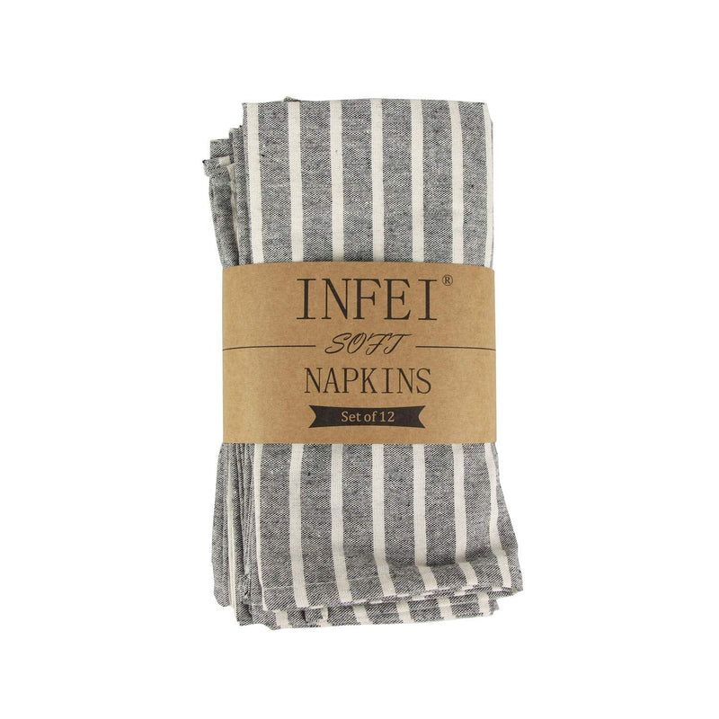 [Australia - AusPower] - INFEI Soft Broad Striped Linen Cotton Dinner Cloth Napkins - Set of 12 (17 x 17 inches) - for Events & Home Use (Black) Black 