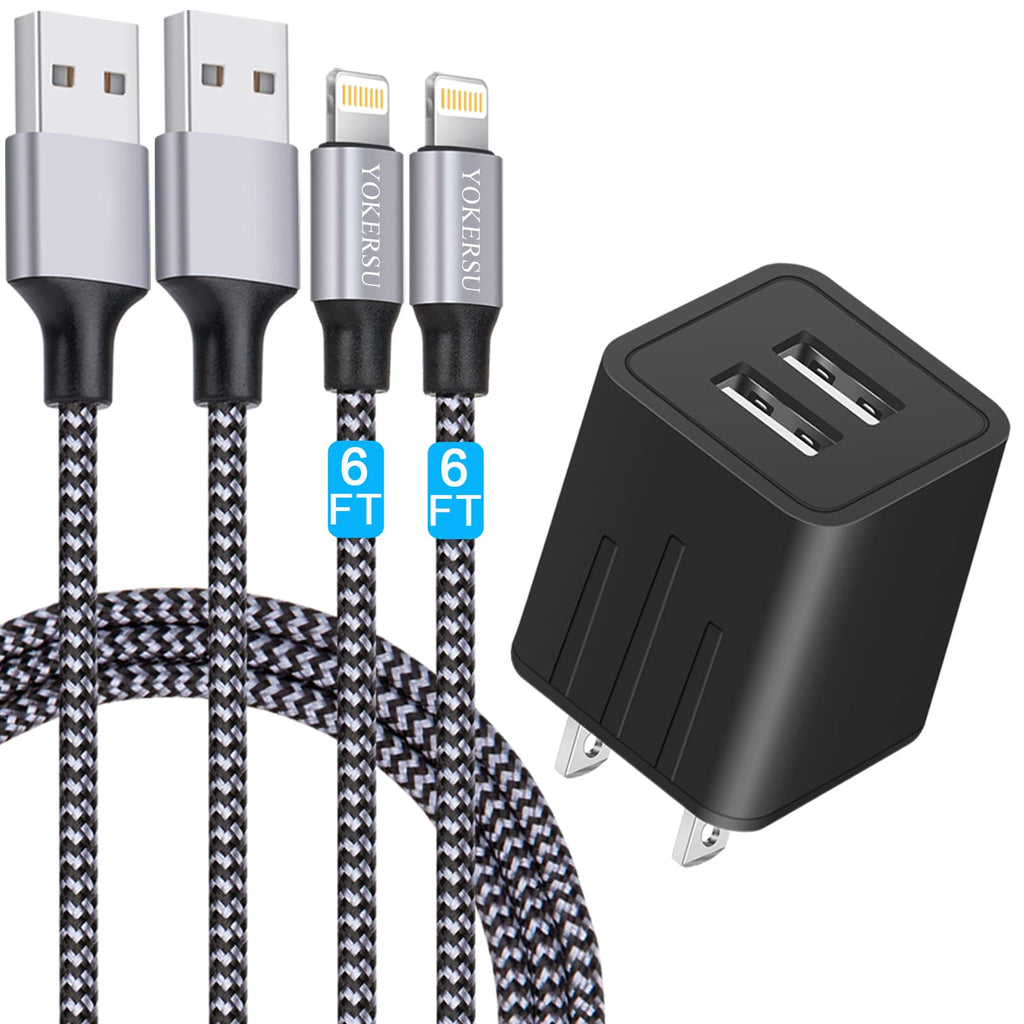 [Australia - AusPower] - iPhone Charger, YOKERSU Nylon Braided Lightning Cable Fast Charging 2Pack 6ft Data Sync Transfer Cord 2 Port Plug Wall Charger(ETL Listed)Compatible with iPhone 13 12 11 Pro Max XS XR X 8 7 Plus iPad Black 
