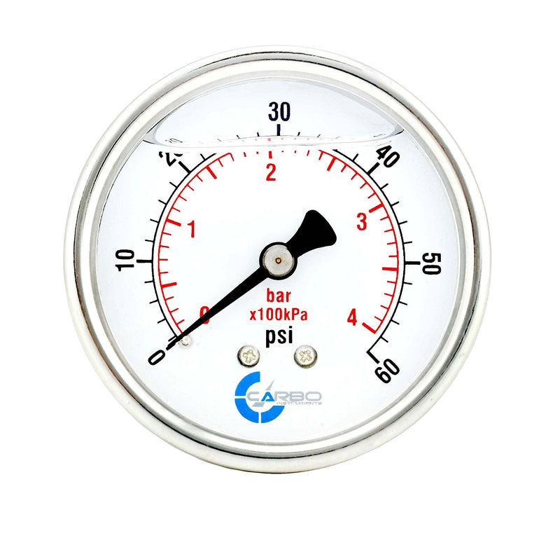 [Australia - AusPower] - CARBO Instruments 2 1-2" Pressure Gauge, Stainless Steel Case, Chrome Plated Brass Connection, Lqiuid Filled, 0-60 psi/kPa, Back Mount 1/4" NPT 