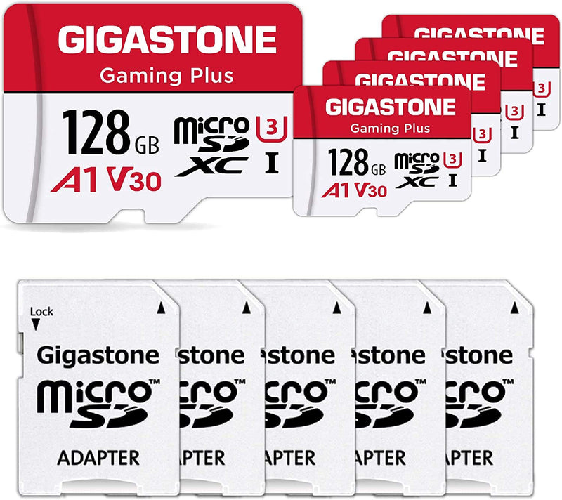 [Australia - AusPower] - [Gigastone] Micro SD Card 128GB 5-Pack, Gaming Plus, MicroSDHC Memory Card for Nintendo-Switch, Wyze Cam, Roku, Full HD Video Recording, UHS-I U1 A1 Class 10, up to 100MB/s, with MicroSD to SD Adapter 128GB Gaming Plus 5-pack 