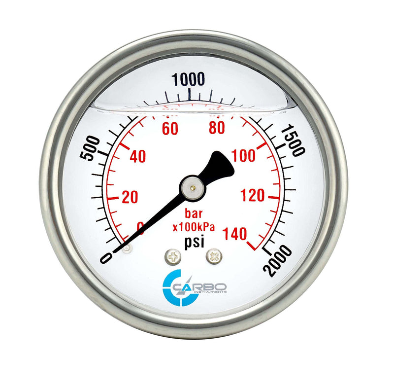 [Australia - AusPower] - CARBO Instruments 2 1-2" Pressure Gauge, Stainless Steel Case, Chrome Plated Brass Connection, Lqiuid Filled, 0-2000 psi/kPa, Back Mount 1/4" NPT 