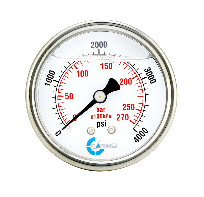 [Australia - AusPower] - CARBO Instruments 2 1-2" Pressure Gauge, Stainless Steel Case, Chrome Plated Brass Connection, Lqiuid Filled, 0-4000 psi/kPa, Back Mount 1/4" NPT 