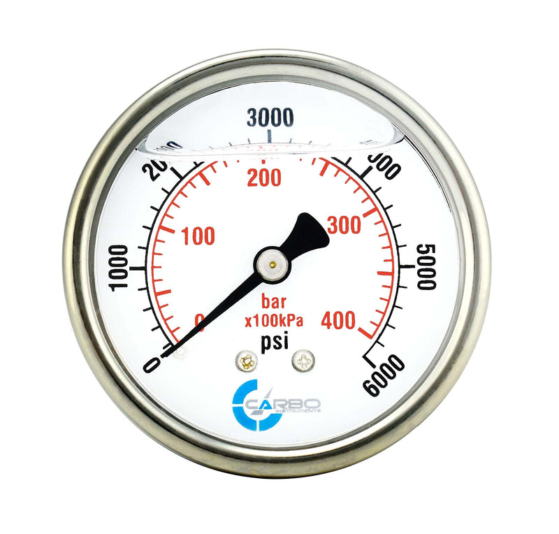[Australia - AusPower] - CARBO Instruments 2 1-2" Pressure Gauge, Stainless Steel Case, Chrome Plated Brass Connection, Lqiuid Filled, 0-6000 psi/kPa, Back Mount 1/4" NPT 