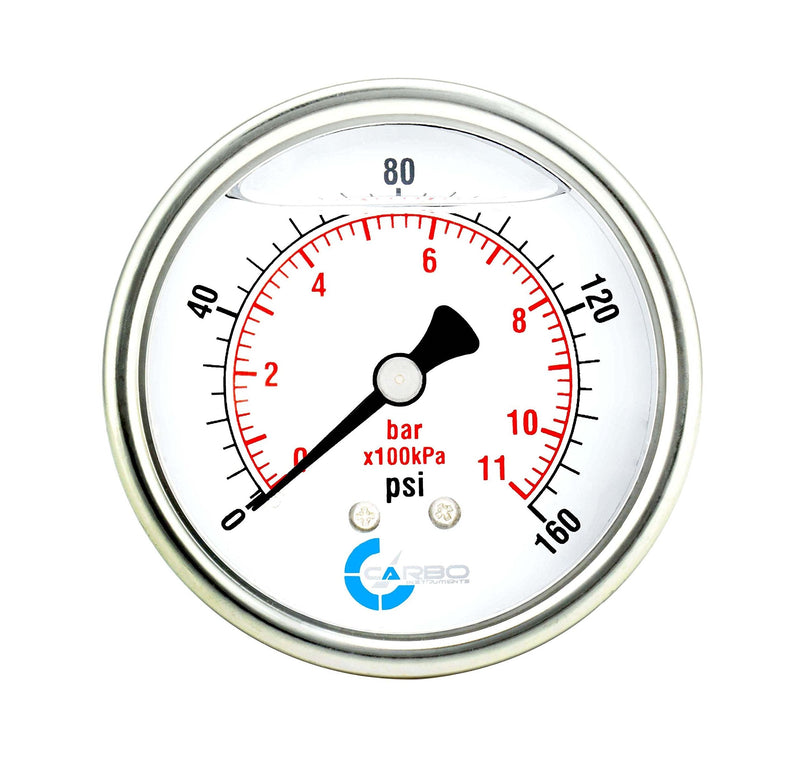[Australia - AusPower] - CARBO Instruments 2 1-2" Pressure Gauge, Stainless Steel Case, Chrome Plated Brass Connection, Lqiuid Filled, 0-160 psi/kPa, Back Mount 1/4" NPT 