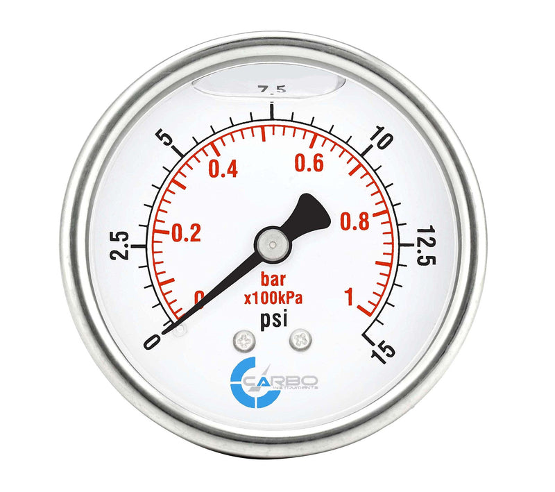 [Australia - AusPower] - CARBO Instruments 2 1-2" Pressure Gauge, Stainless Steel Case, Chrome Plated Brass Connection, Lqiuid Filled, 0-15 psi/kPa, Back Mount 1/4" NPT 