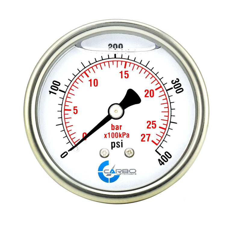 [Australia - AusPower] - CARBO Instruments 2 1-2" Pressure Gauge, Stainless Steel Case, Chrome Plated Brass Connection, Lqiuid Filled, 0-400 psi/kPa, Back Mount 1/4" NPT 