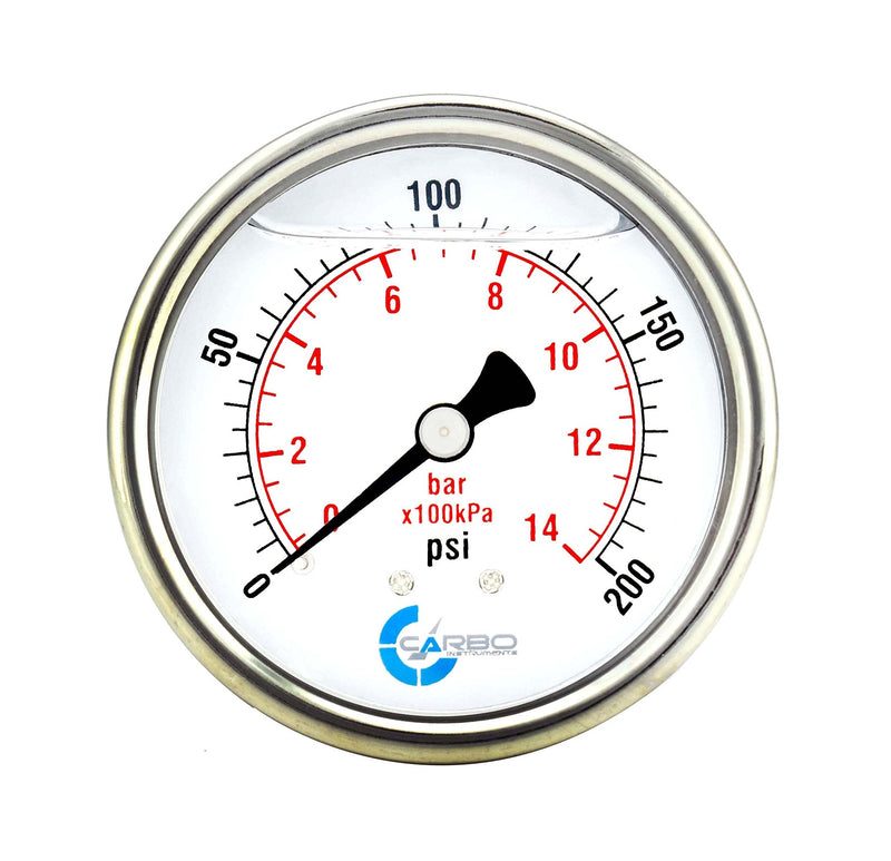 [Australia - AusPower] - CARBO Instruments 2 1-2" Pressure Gauge, Stainless Steel Case, Chrome Plated Brass Connection, Lqiuid Filled, 0-200 psi/kPa, Back Mount 1/4" NPT 