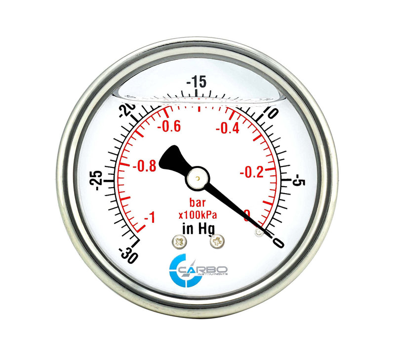 [Australia - AusPower] - CARBO Instruments 2 1-2" Pressure Gauge, Stainless Steel Case, Chrome Plated Brass Connection, Lqiuid Filled, Vacuum -30 Hg/0, Back Mount 1/4" NPT -30 inHg 