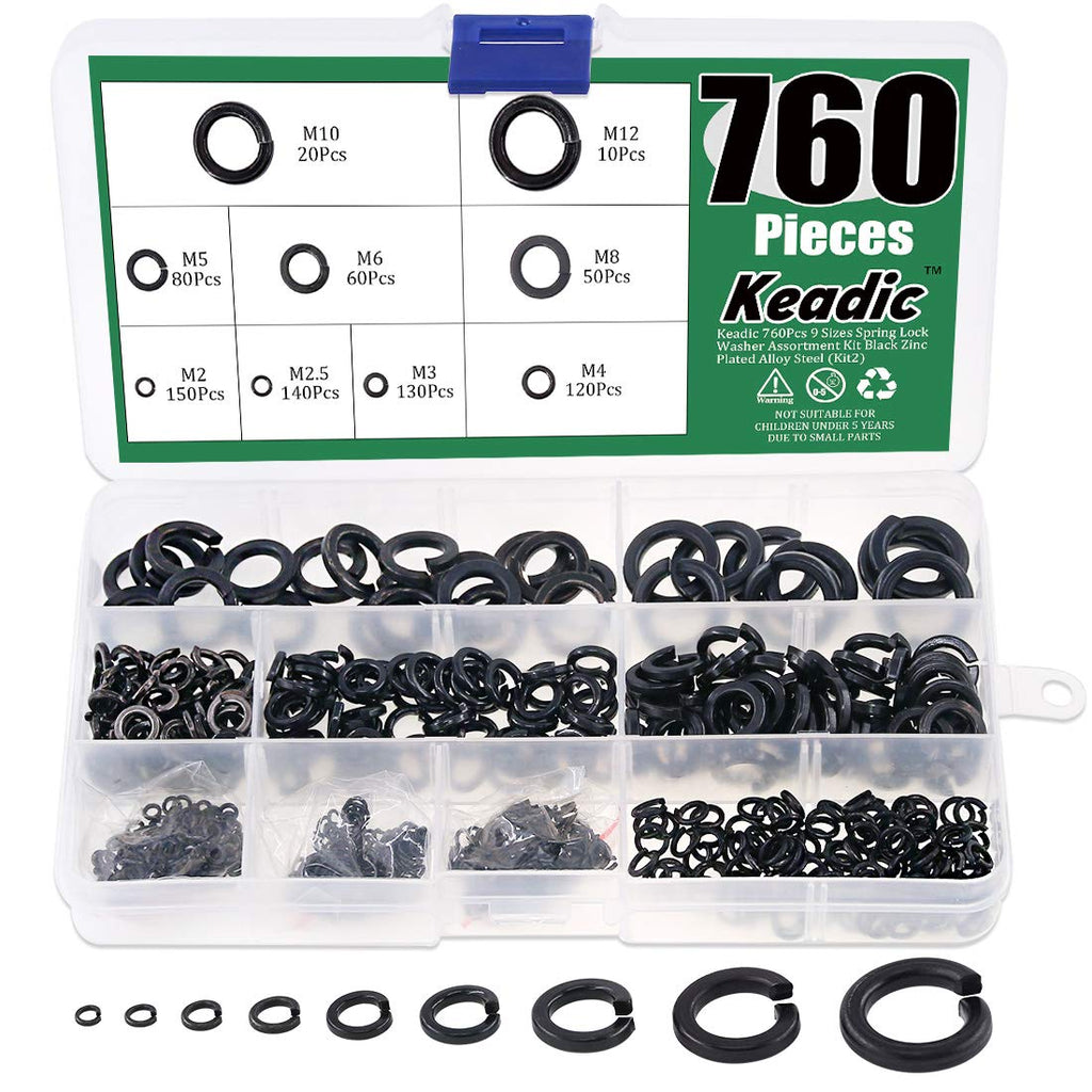 [Australia - AusPower] - Keadic 760Pcs Spring Lock Washer Assortment Kit Black Zinc Plated Alloy Steel, 9 Sizes - M2 M2.5 M3 M4 M5 M6 M8 M10 M12 Zinc Plated Lock Washer - 760Pcs 