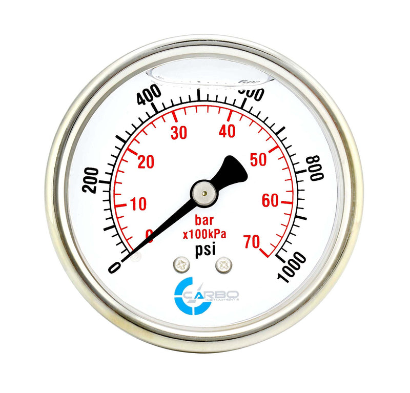 [Australia - AusPower] - CARBO Instruments 2 1-2" Pressure Gauge, Stainless Steel Case, Chrome Plated Brass Connection, Lqiuid Filled, 0-1000 psi/kPa, Back Mount 1/4" NPT 
