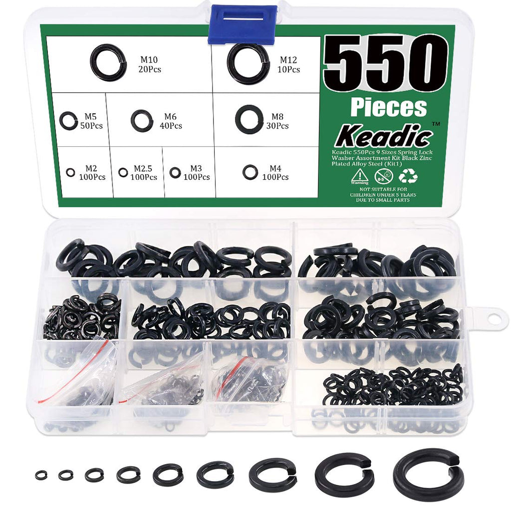 [Australia - AusPower] - Keadic 550Pcs Spring Lock Washer Assortment Kit Black Zinc Plated Alloy Steel, 9 Sizes - M2 M2.5 M3 M4 M5 M6 M8 M10 M12 Zinc Plated Lock Washer - 550Pcs 