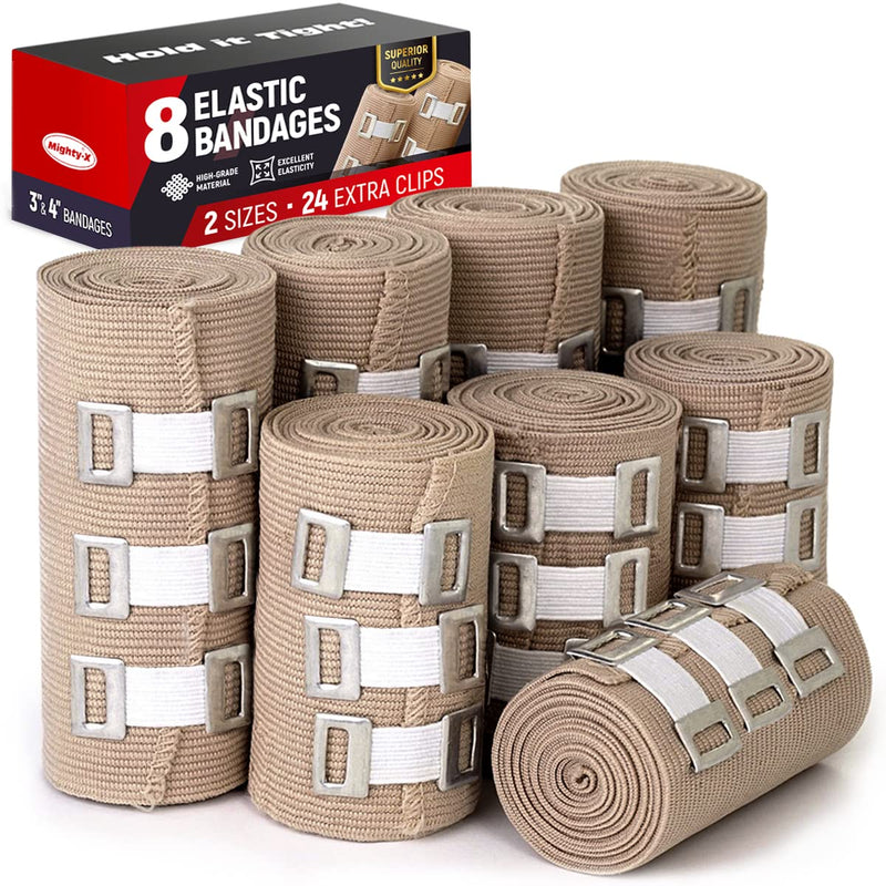 [Australia - AusPower] - Premium Elastic Bandage Wrap - 8 Pack + 24 Extra Clips - Durable Compression Bandage (4X - 3 inch, 4X - 4 inch Rolls) Stretches up to 15ft in Length 