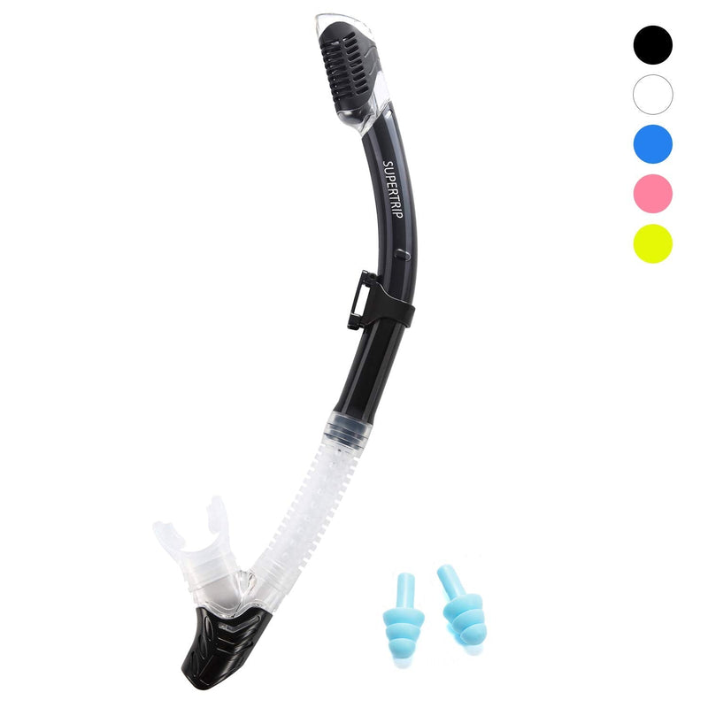 [Australia - AusPower] - Supertrip Dry Snorkel Adult, Scuba Diving with Splash Guard and Top Valve, Freediving Snorkeling Swimming Snorkel for Adults Youth Black 