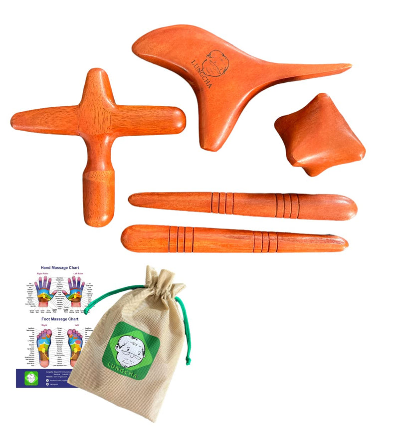 [Australia - AusPower] - 4 Types, 5 Piece Set - LUNGCHA Traditional Thai Massage Reflexology Wooden Stick Tool (Set of 4 Types Body Hand Foot Massage) 