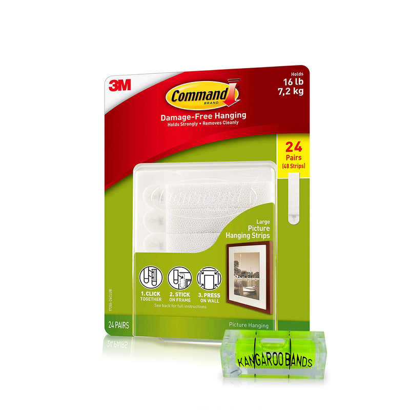 [Australia - AusPower] - KangarooBands Command Picture Hanging Kit| Damage-Free Strips & Leveler, 24 Pairs & Level| Perfect for Hanging Small & Large Frames, Photos, Pictures on Walls & More| No Nail/Hook Damage| Easy Hanging 