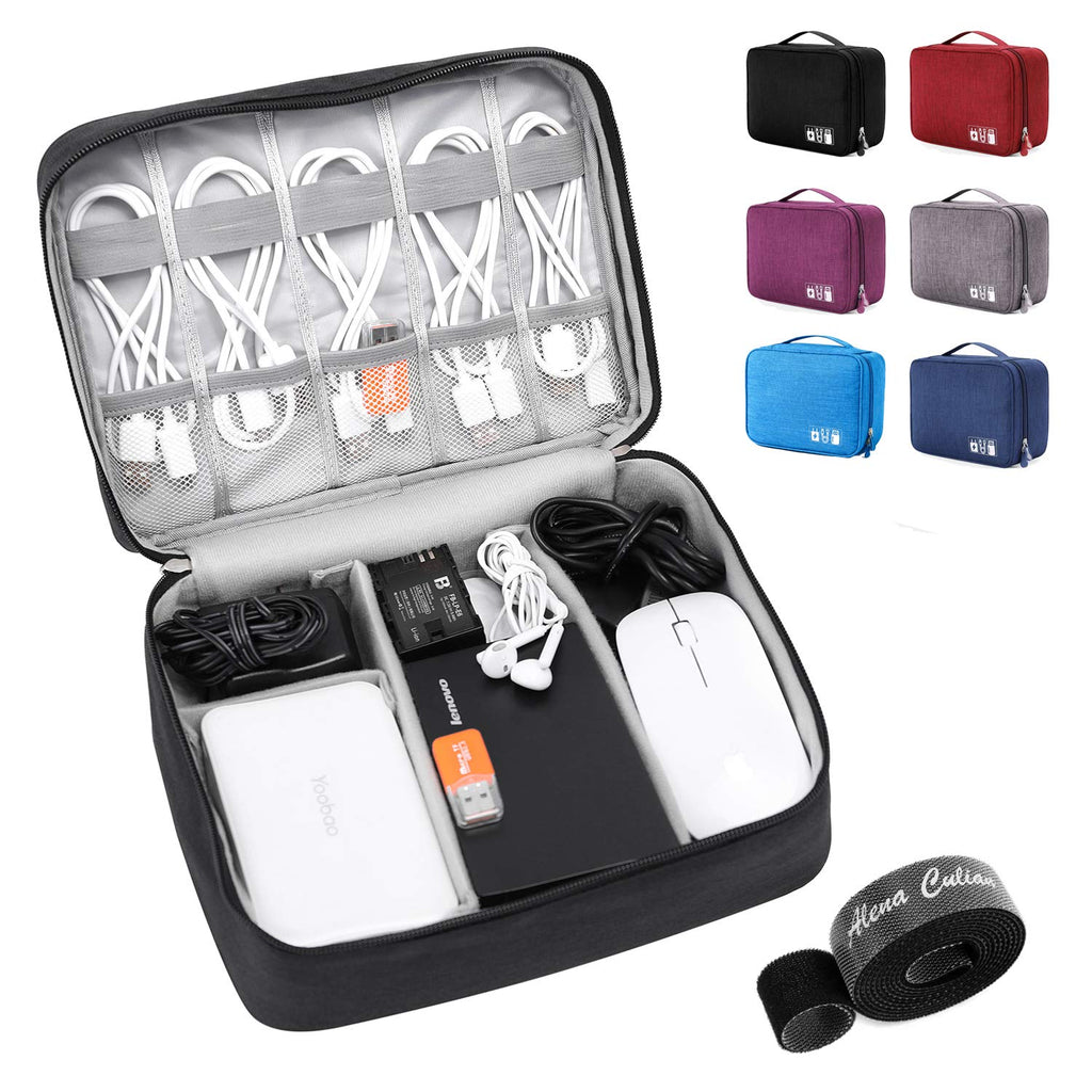 [Australia - AusPower] - Alena Culian Electronic Organizer Travel Universal Cable Organizer Bag Portable Waterproof Electronics Accessories Cases for Cable, Charger, Phone, USB, SD Card Double Layer Black 
