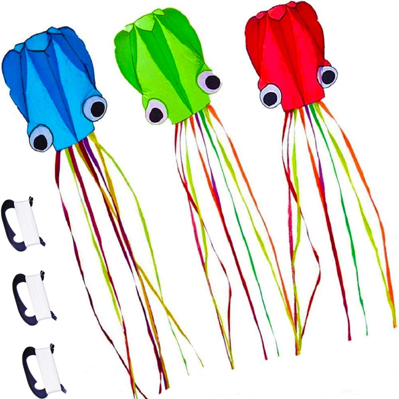 [Australia - AusPower] - 3 Pack Octopus Kite, 3D Kite Long Tail Easy Flyer Kite Beach Kites People Adults Gift 3 Colors (Blue Green Red) Kites for Kids Easy To Fly, Kite Kit with Kite String 100M, Kiteboarding Kite for Adults 