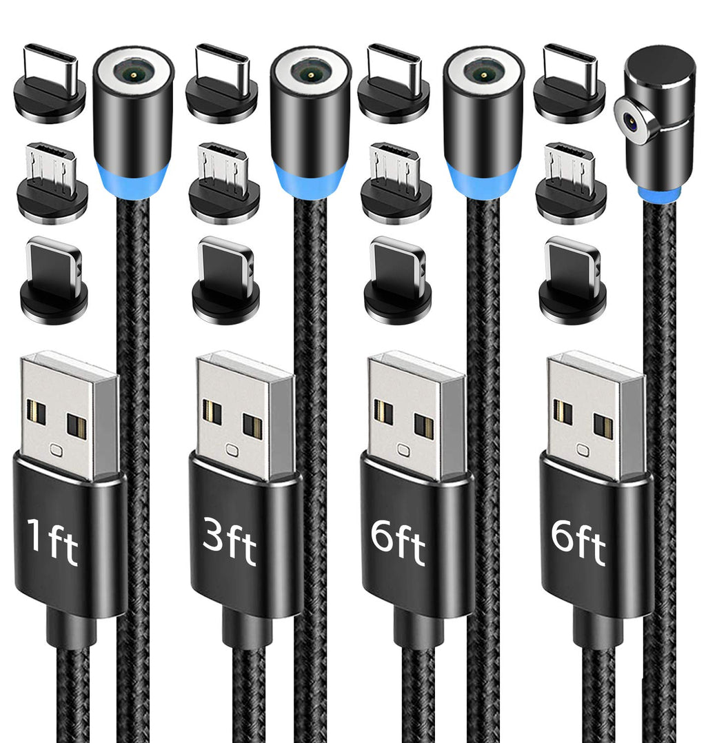 [Australia - AusPower] - Terasako Magnetic Charging Cable 4-Pack [1ft/3ft/6ft/6ft], 360° Rotating Magnetic Phone Charger Cable with LED Light, 90° Angle Connector, Nylon-Braided Cords 