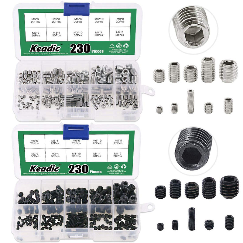 [Australia - AusPower] - Keadic 460Pcs 2 Types Internal Hex Drive Cup-Point Screws Assortment Kit with Plastic Case, 304 Stainless Steel and 12.9 Class Alloy Steel, 10 Metric Sizes M3/4/5/6/8 