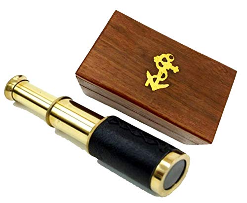 [Australia - AusPower] - 6" Brass Handheld Telescope with Wooden Box - Pirate Navigation with Anchor Wooden Box 