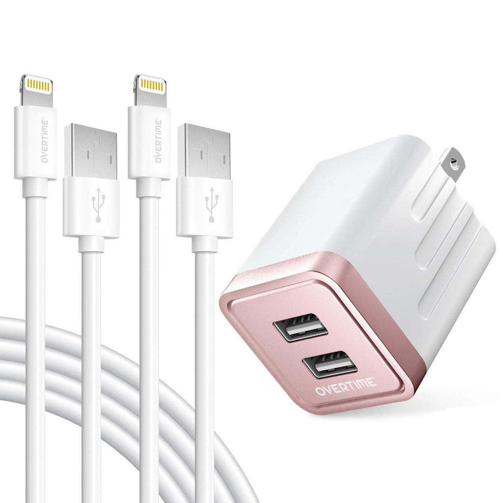 [Australia - AusPower] - iPhone Charger Set, 2-Pack Overtime Apple MFi Certified Lightning Cables with 1 Dual USB Wall Adapter - 2.4 AMP Compatible w/iPhone 11 Pro Max XS XR X 8 7 6S 6 Plus SE iPad (Rose Gold/White, 6ft) Rose Gold/White 
