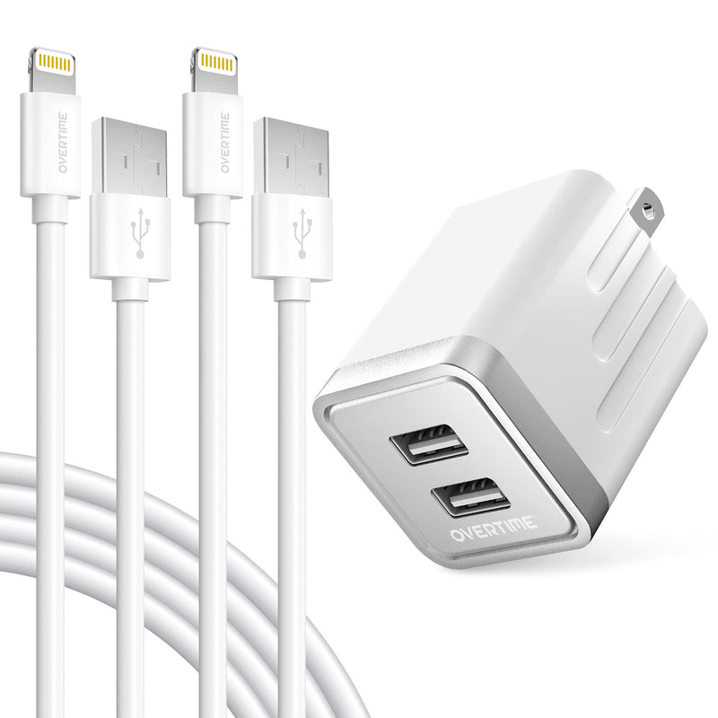 [Australia - AusPower] - iPhone Charger Set, 2-Pack Overtime Apple MFi Certified Lightning Cables with 1 Dual USB Wall Adapter - 2.4 AMP Compatible w/iPhone 11 Pro Max XS XR X 8 7 6S 6 Plus SE iPad (Silver/White, 6ft) 
