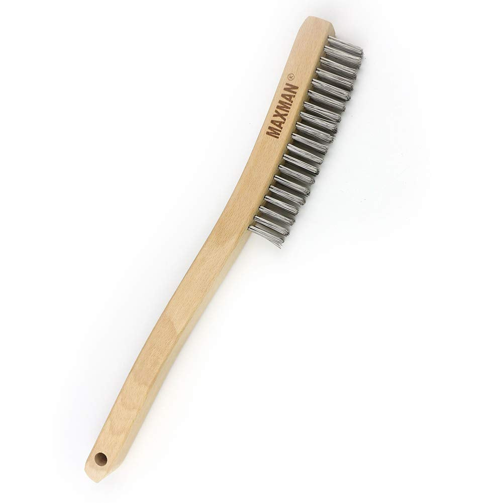 [Australia - AusPower] - Wire Brush,Stainless Steel Wire Scratch Brush for Cleaning Rust with 14" Long Curved Beechwood Handle,Large Stainless Steel 