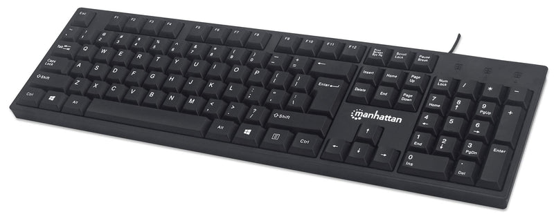 [Australia - AusPower] - Manhattan Wired Computer Keyboard – Basic Black Keyboard - with 4.5ft USB-A Cable, 104-keys, Foldable Stands - Compatible for Windows, PC, Laptop - 3 Yr Mfg Warranty – 179324 