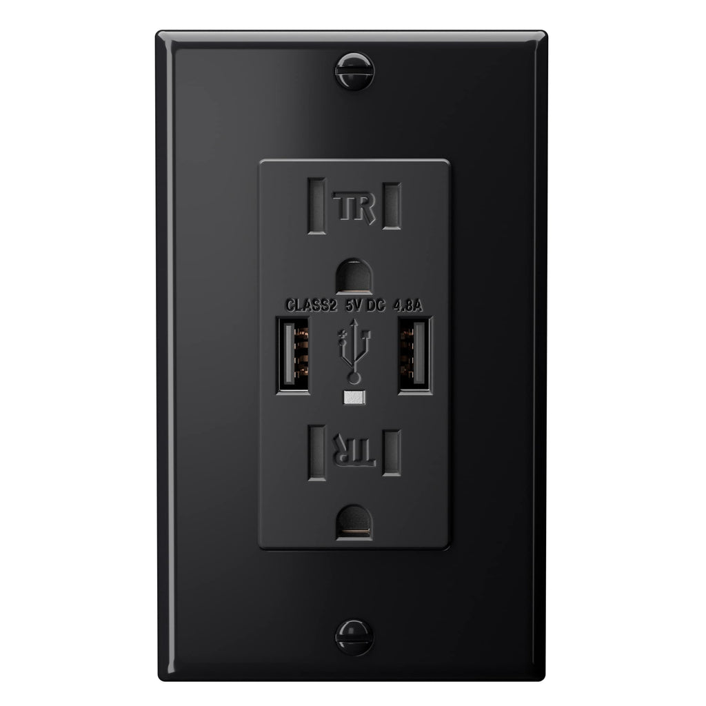 [Australia - AusPower] - EverElectrix 4.8A High Speed USB and 15Amp Duplex Tamper Resistant Receptacle Wall Outlet Charger, UL Listed, Charging Dual Type A USB Ports, TR Wall Plugs, Wall Plate Included, Black, 1 Pack 