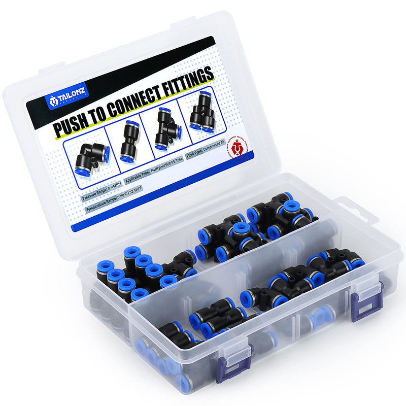[Australia - AusPower] - TAILONZ PNEUMATIC 1/4 Inch od Push to Connect Fittings Pneumatic Fittings Kit 10 Spliters+10 Elbows+10 tee+10 Straight (40 pcs) 1/4"OD Blue 40 