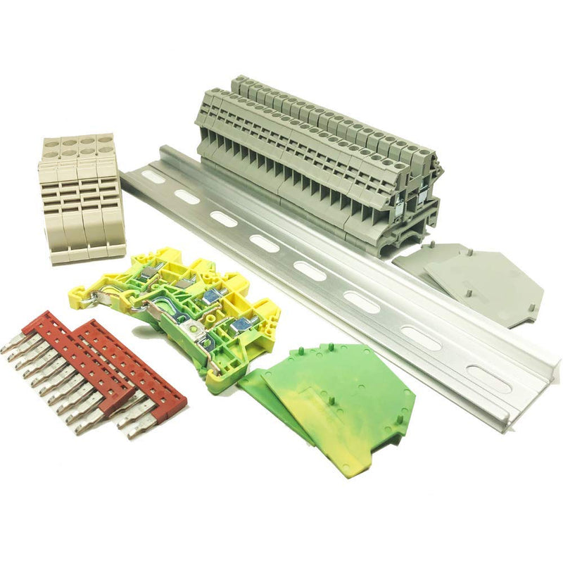 [Australia - AusPower] - Dinkle UL Gray DIN Rail Terminal Block Kit 20 DK2.5N 12 AWG Gauge 20A 600V Ground DK4N-PE Jumper DSS2.5N-10P End Covers End Brackets Grey 
