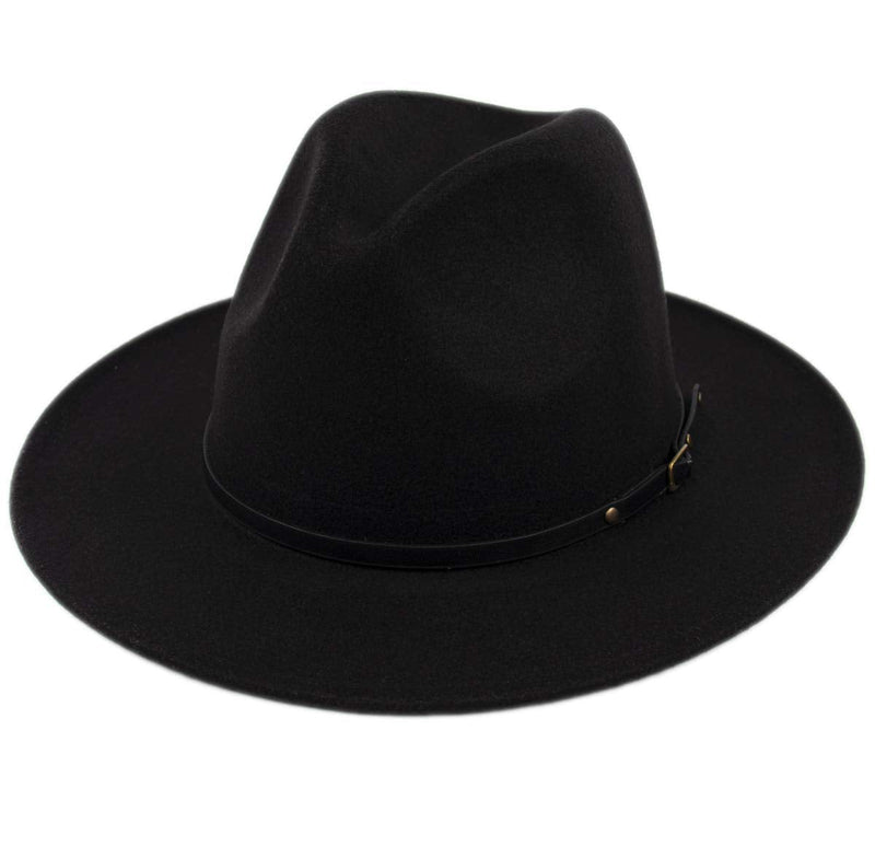 [Australia - AusPower] - Lanzom Womens Classic Wide Brim Floppy Panama Hat Belt Buckle Wool Fedora Hat A-black One Size 
