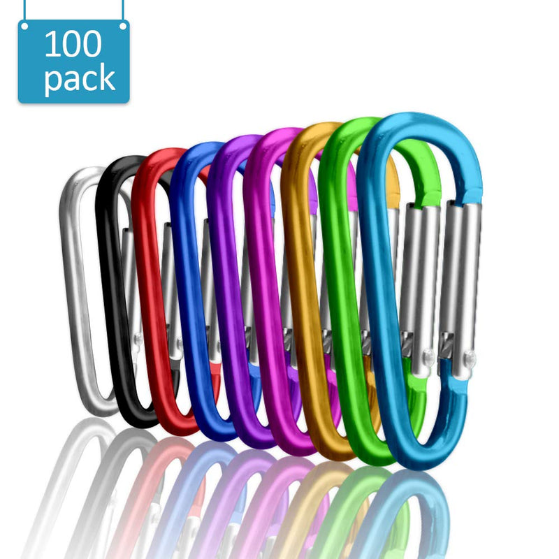 [Australia - AusPower] - UPINS 100Pcs Multicolor Aluminum Locking Carabiner Spring Clips Hook Keychain D Shape Buckle Pack 