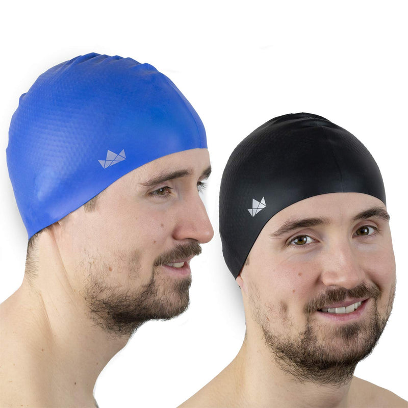 [Australia - AusPower] - The Friendly Swede Silicone Swim Cap for Men, Swim Cap Kids or Women with Short to Medium Hair (2 Pack) Blue + Black 