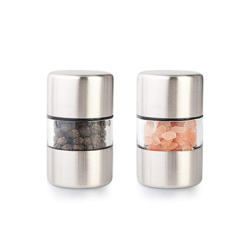 [Australia - AusPower] - T-mark Premium Sea Salt and Pepper Grinder Set - Spice Mill with Brushed Stainless Steel, Small Portable Ceramic Salt & Pepper Shakers (2-Pack) 