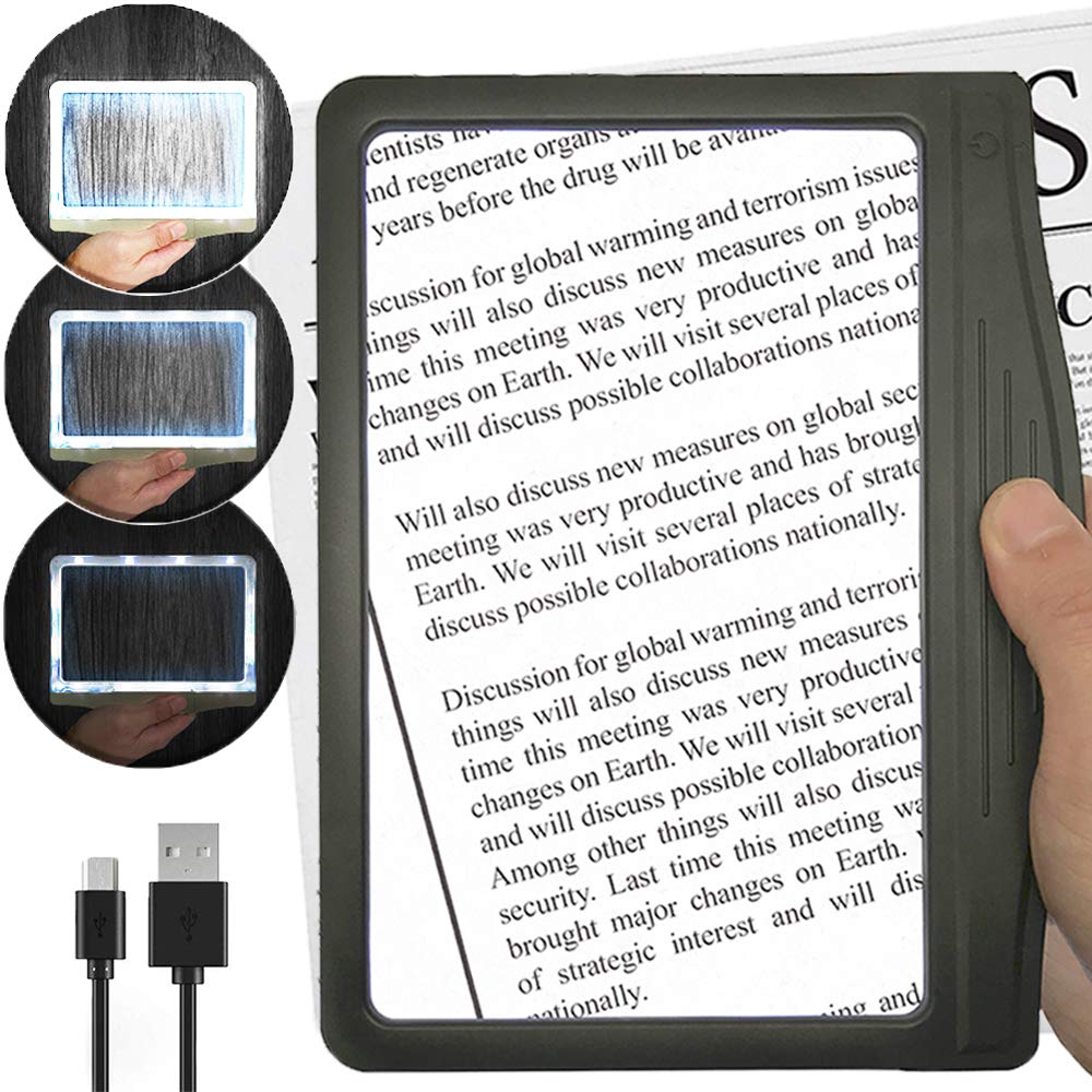 [Australia - AusPower] - [Rechargeable] 3X Large Ultra Bright LED Page Magnifier with 12 Anti-Glare Dimmable LEDs (More Evenly Lit Viewing Area & Relieve Eye Strain)-Ideal for Reading Small Prints & Low Vision Black 