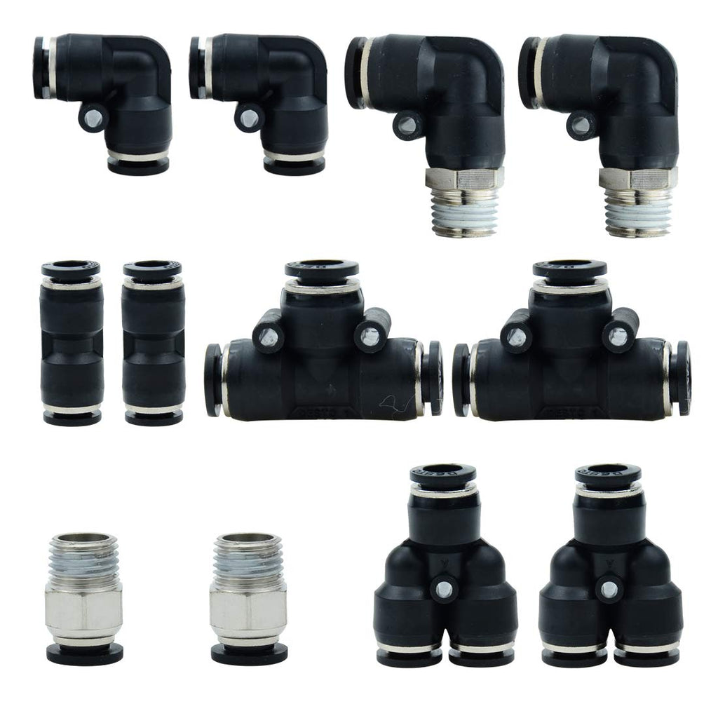 [Australia - AusPower] - Beduan Pneumatic 5/16 OD Push to Connect Fittings Kit Air Line Quick Fittings 2 PL+2 Elbow+2 Tee+2 Y Spliter +2 Male Straight+2 Male Elbow 5/16" OD Tube OD x 1/4 inch NPT (12 Pcs) 8mm tube ODx 1/4" npt KIT 