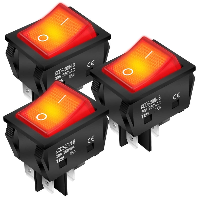 [Australia - AusPower] - DaierTek 30A 250V KCD2 KCD4 Rocker Switch DPST 4 Pin Red Lighted 120V Rocker Toggle Switch ON Off Heavy Duty T125-3Pack 