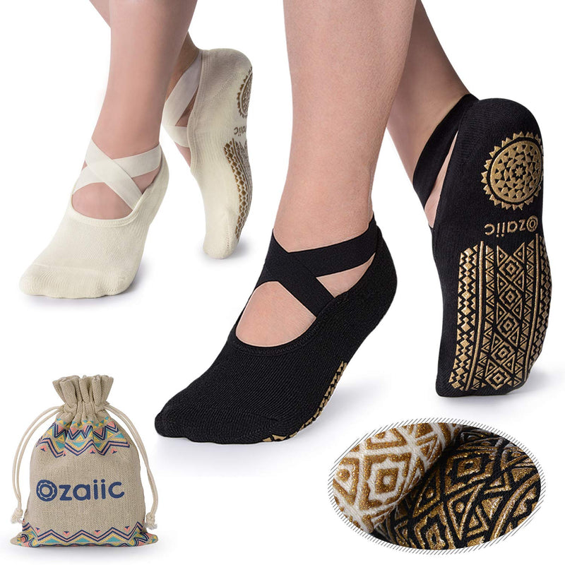 [Australia - AusPower] - Ozaiic Yoga Socks for Women Non-Slip Grips & Straps, Ideal for Pilates, Pure Barre, Ballet, Dance, Barefoot Workout 2 Pairs- Black/ Beige（1st Anniversary Edition） 
