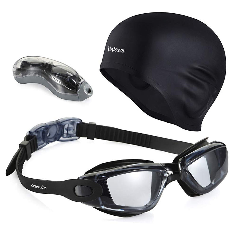 [Australia - AusPower] - Uniswim Swimming Goggles Swimming Cap Set Swim Glasses Silicone Swim hat Pack for Adults with Anti Fog Glasses for Swimming Black 