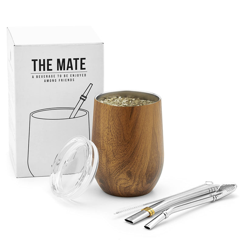 [Australia - AusPower] - BALIBETOV Modern Mate Cup And Bombilla Set (Yerba Mate Cup) -Yerba Mate Set includes Double Walled 18/8 Stainless Steel Mate Tea Cup, Two Bombilla Mate (Straw) and a Cleaning Brush (Wood, 12) Wood 12.0 ounces 