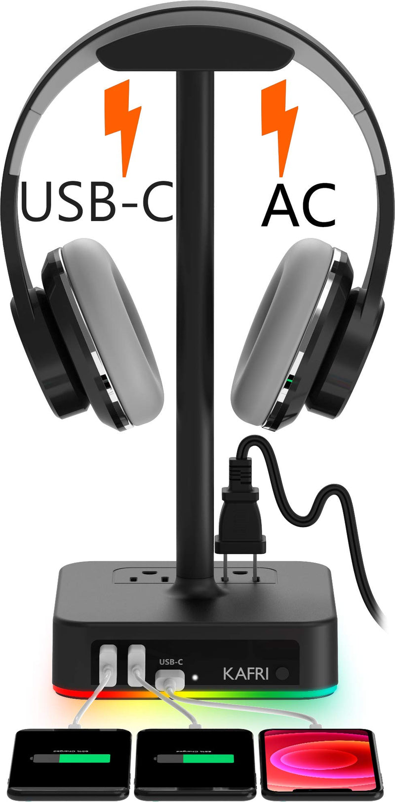 [Australia - AusPower] - KAFRI RGB Headphone Stand with USB A&C Charger Desk Gaming Headset Holder Hanger Rack with 3 USB Charging Port and 2 Outlet - Suitable for Gamer Desktop Table Game Earphone Accessories Boyfriend Gifts A-ONE STAND 
