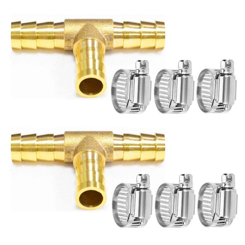 [Australia - AusPower] - Da by 2 pcs 3/8"(10mm) Brass Tee Barb Fittings for 3/8" ID Hose,6 pcs Stainless Steel Pipe Clamps,3 Way Union Intersection for Water/Fuel/Air(T) 3/8"(10mm) 